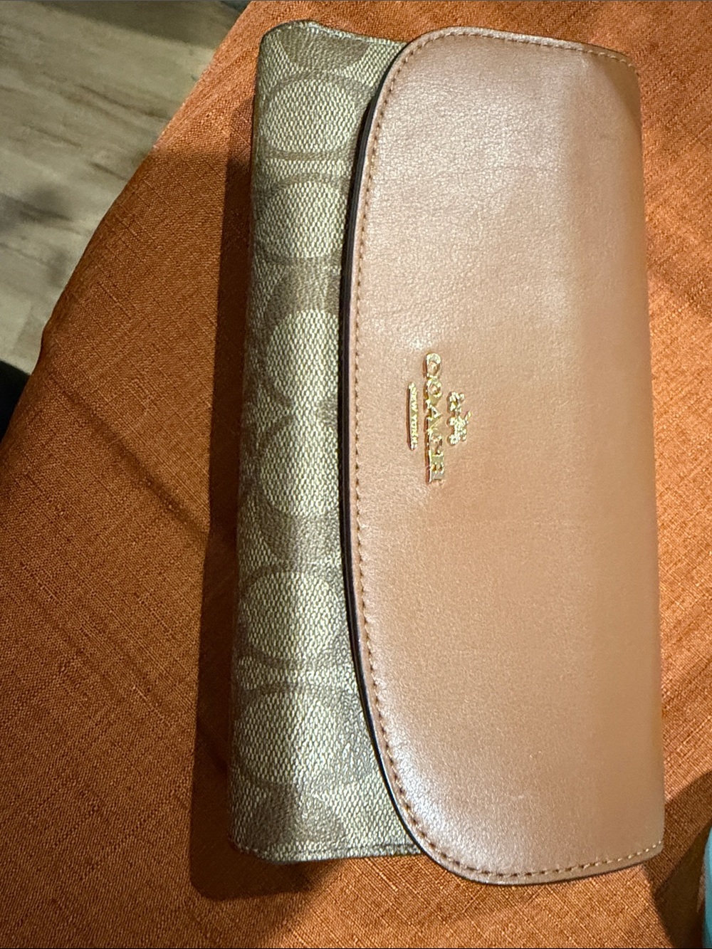 Coach Brown Signature Canvas & Leather Fold-Over Wallet with Gold Logo